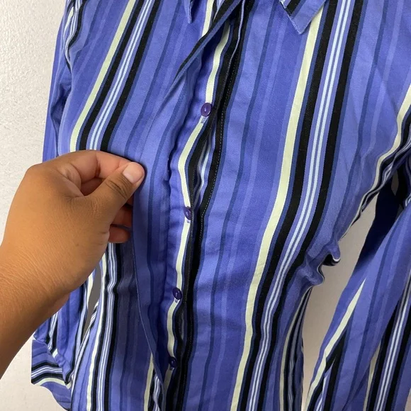 Y2K Women's Blue Green Striped Button Down Shirt Preppy Office Long Sleeve Sz 8 - Picture 3 of 10
